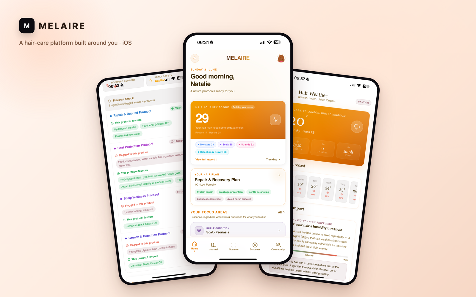 MELAIRE — dashboard, protocols and hair-weather screens from the iOS app